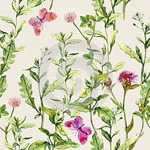 Herbs, flowers, butterflies, meadow grass. Repeated floral pattern. Watercolour