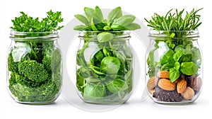 Herbs in Glass Jars with a White Background for Kitchen Use