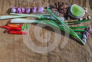 Herbs and ingredient mixed Lemon Grass, Shallot, Garlic, Chili, Spring onion, peanuts on sackcloth