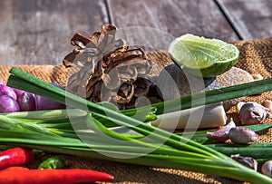 Herbs and ingredient mixed Lemon Grass, Shallot, Garlic, Chili, Spring onion, peanuts on sackcloth