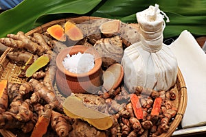 Herbs ingredient for override the salt pot Thai traditional medicine. photo