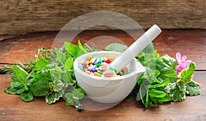 Herbs and pills in a mortar on wooden background