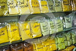 Herbs and powders in a indian spice shop.