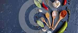 Herbs and spices on black background Food background. measuring spoon . spice spoon Copy space Banner