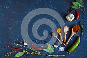 Herbs and spices on black background in the form of a frame. Food background. measuring spoon . spice spoon Copy space