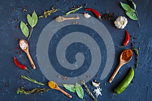 Herbs and spices on black background in the form of a frame. Food background. measuring spoon . spice spoon Copy space