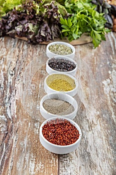 Herbs and spices in ceramic bowls. Aromatic ingredients and natural food additives