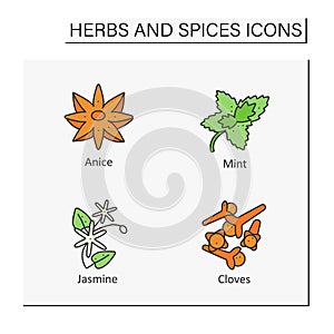 Herbs and spices color icons set