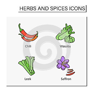 Herbs and spices color icons set