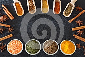 Herbs, spices and food additives on a dark background with an empty place