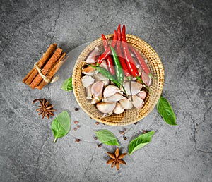 Herbs and spices ingredients Thai Food Asian spicy soup with cinnamon star anise pepper seed vegetables basil leaf for red green