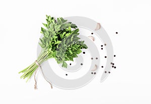 Herbs and spices isolated on white background. Parsley, garlic and pepper. Ingredients for cooking. Flat lay.