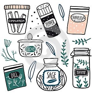 Herbs and spices jars icon set