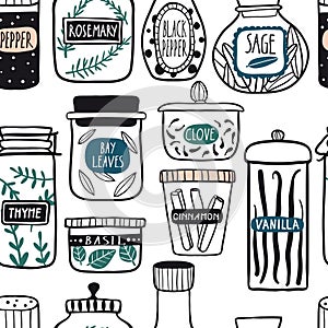 Herbs and spices jars seamless pattern