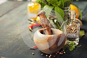 Herbs and spices with Mortar and Pestle