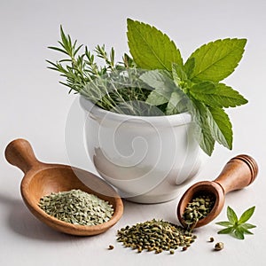 Herbs and spices in mortar with pestle, isolated on white background