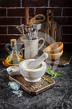 Herbs and Spices, Mortar and Pestle, Rosemary, Olive Oil and Salt