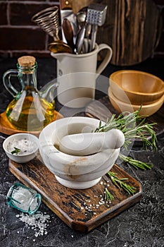 Herbs and Spices, Mortar and Pestle, Rosemary, Olive Oil and Salt