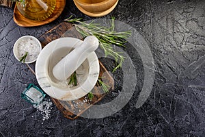 Herbs and Spices, Mortar and Pestle, Rosemary, Olive Oil and Salt