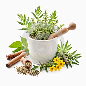 Herbs and spices in mortar and pestle on white background