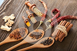 Herbs and Spices over wooden background