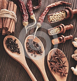 Herbs and Spices over wooden background