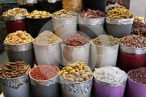 Herbs  spices  rose petals  menthol crystals  blue dye at the old market in Dubai  United Arab Emirates