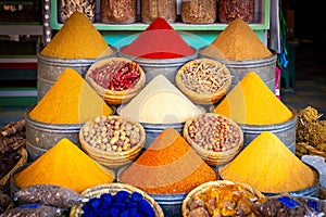 Herbs and spices sold in a shop in the souks of Marrakesh, Morocco