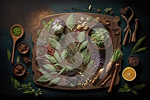 Herbs, spices and vegetables used for cooking . AI generated Illustration