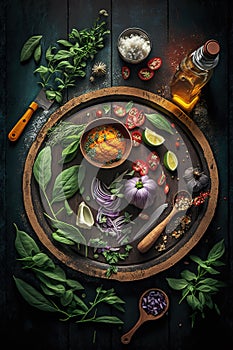 Herbs, spices and vegetables used for cooking . AI generated Illustration