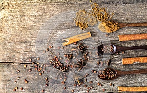 Herbs and spices on a wooden board. Spice spoon.