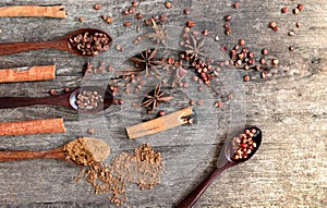 Herbs and spices on a wooden board. Spice spoon.