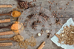 Herbs and spices on a wooden board. Spice spoon.