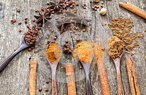 Herbs and spices on a wooden board. Spice spoon.