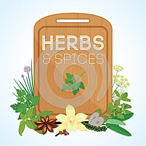 Herbs and spices with wooden chopping board