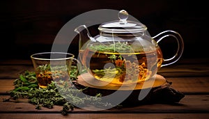 Herbs, Teapot, and Herbal Tea Cup on a Wooden Table - Generative Ai