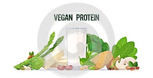 Herbs vegetables plant based tofu milk organic dairy free natural raw food composition vegan protein concept horizontal