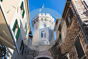 Herceg Novi town, Kotor bay, streets of Herzeg Novi, Montenegro, with old town scenery, church, Forte Mare fortress, Adriatic sea