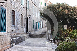 Herceg Novi town, Kotor bay, streets of Herzeg Novi, Montenegro, with old town scenery, church, Forte Mare fortress, Adriatic sea