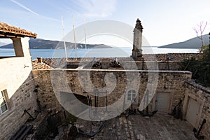 Herceg Novi town, Kotor bay, streets of Herzeg Novi, Montenegro, with old town scenery, church, Forte Mare fortress, Adriatic sea