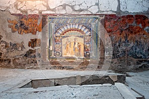 Herculaneum archaeological site: Mosaics depicting Neptune and Amphitrite decorate the nymphaeum of Casa di Nettuno e Anfitrite