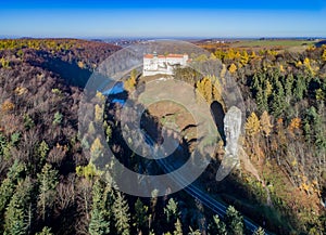 Hercules cudgel rock and Pieskowa Skala castle near Krakow, Poland