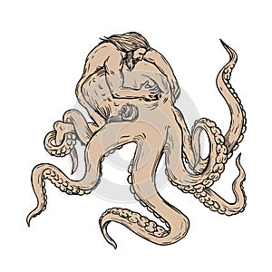 Hercules Fighting Giant Octopus Drawing