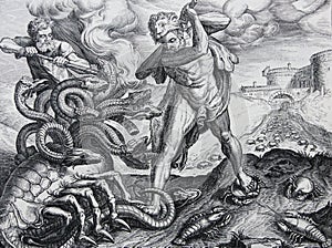 Hercules Killing the Lernean Hydra by Frans Floris engraved in a vintage book History of Painters, author Jules Benouard, 1864, photo