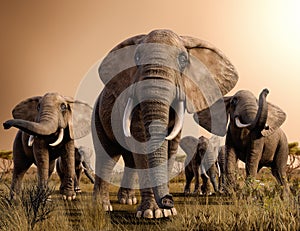 Herd of African Elephants in the Savanna at Sunset