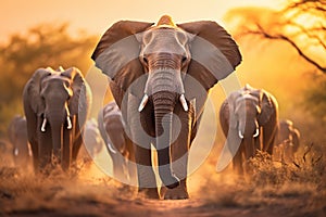 Herd of African elephants traverses a grassy savannah at sunrise. AI-generated.