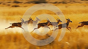 A Herd of Antelope Running Through Golden Grass