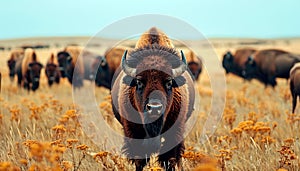 Herd of Bison on Golden Prairie Landscape