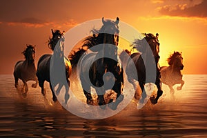 Herd of black horses galloping on the beach at sunset