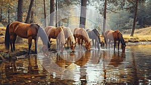 Herd of Brown Horses Drinking from a Forest River